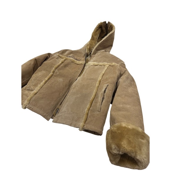 Baby Phat Tan Suede Faux Fur Shearling Jacket Zip Split Hood Vintage Y2K Womens - Picture 2 of 6